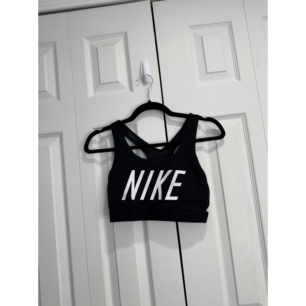 Nike Dri-Fit Classic Logo Bra Women's Medium Black Mesh Racerback Swoosh Sports
